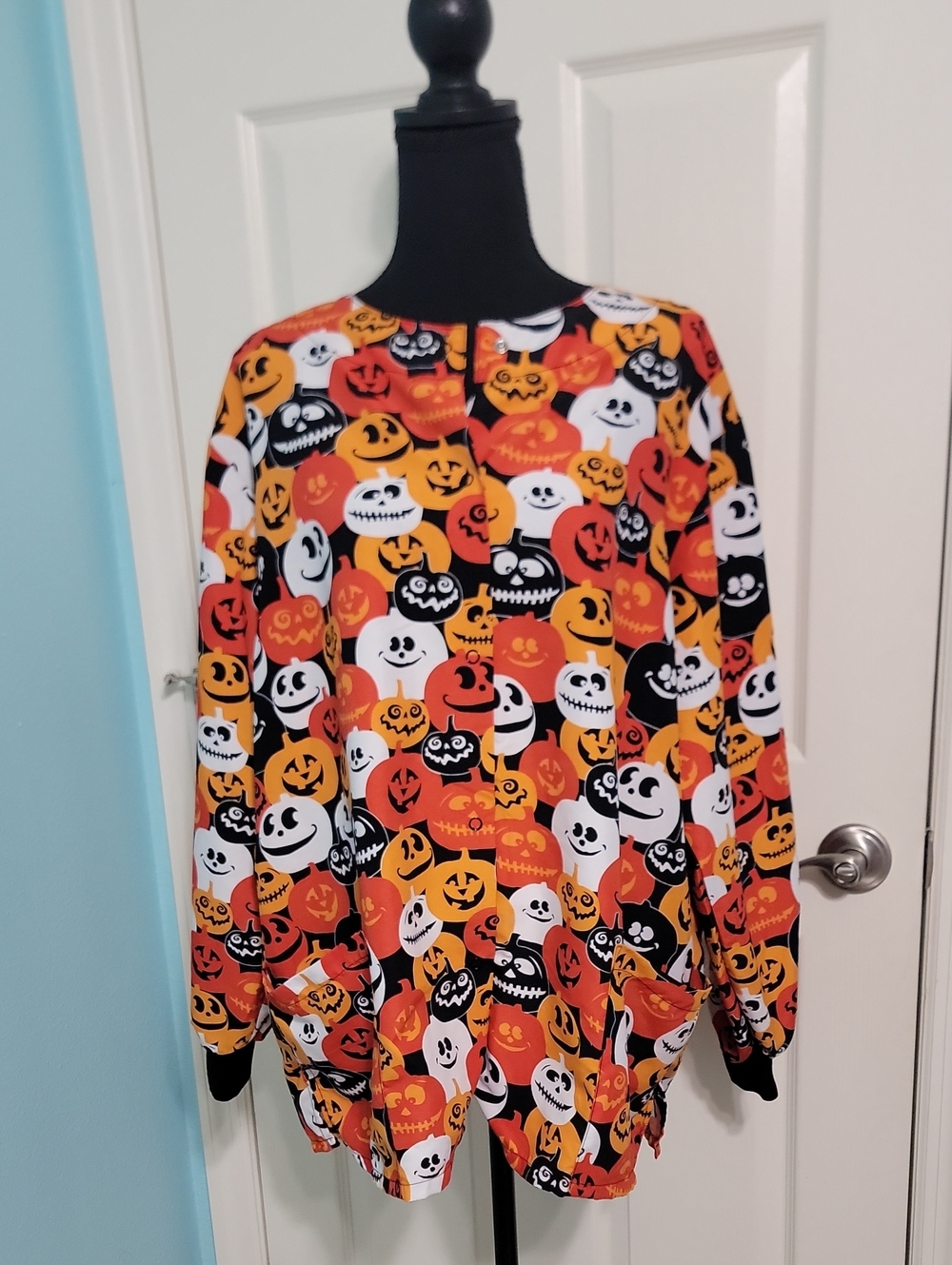 Scrub / Nurse Halloween Pumpkin Print Scrub Jacket  - Orange/Black/White